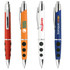 A collection of plastic pens in red, orange, white, and blue, each with a logo on the body.