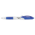 A plastic pen with a transparent barrel and blue accents, featuring a logo area.