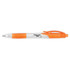 A plastic pen with a transparent barrel and orange accents, featuring a space for a logo.