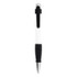 A plastic pen with a white barrel, black grip, and silver tip, featuring a branding logo.