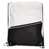 A non-woven drawstring bag featuring a white and black design with a front zip pocket and a logo.