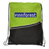 A green and black non-woven drawstring bag featuring a logo and a zippered pocket.