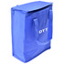 A blue cooler bag with a zip closure and handles, featuring a logo on the front.