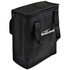 A black cooler bag with a zip closure and carrying handles. It features a logo on the front.
