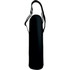 A drink bottle with a sleek black design, featuring a carrying strap and a logo.