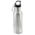 A drink bottle featuring a sleek silver design with a black cap and a carabiner attachment.