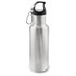 A drink bottle featuring a stainless steel finish with a black screw-on lid and a carabiner attachment.