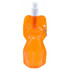An orange drink bottle with a flexible design and a spray nozzle, featuring a logo.