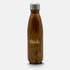 A drink bottle in a wooden finish with a metal lid and a logo on the front.