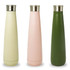 A drink bottle set featuring three insulated bottles in green, pink, and pale green with a metallic silver lid and branding.