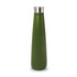 A drink bottle in olive green with a stainless steel lid and a sleek, tapered design. It features a logo.