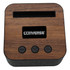 A Bluetooth speaker with a wooden finish, featuring control buttons and a logo on the front.