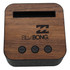 A wooden and grey Bluetooth speaker featuring buttons for play, pause, and volume. It has a prominent logo.