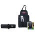 A black BBQ set featuring a spatula, fork, and tongs, neatly rolled into an apron-style holder. Includes a logo.