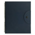 A navy blue spiral-bound notebook with a button closure and a smooth cover. It features a logo on the front.