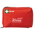 A red first aid kit pouch with a logo, featuring a zippered closure and an external pocket.