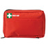A red first aid kit pouch featuring a green cross logo, designed for holding assorted medical supplies.