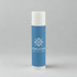 A cylindrical lip balm tube in light blue featuring a white cap and a logo.