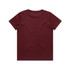 A maroon kids' T-shirt featuring a simple design and a logo on the back.