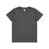 A grey children's t-shirt with a crew neck and short sleeves, featuring a logo at the neckline.
