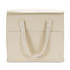 A cooler bag in a lightweight cream colour with a zip closure and handles, featuring a front pocket and branding.