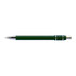 A green metal pen with chrome accents, featuring a sleek design and a branding logo.