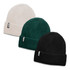 Three beanies in cream, dark green, and black, featuring a small logo on each.