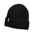A black beanie with a ribbed texture and a small logo. Suitable for headwear.