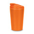 An orange coffee cup with a lid, featuring a smooth surface and a glossy finish. It has a branding logo.