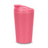 A pink coffee cup with a lid and a smooth finish, featuring a logo on the side.