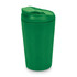 A green reusable coffee cup with a lid and a slightly tapered design. It has a logo visible on its surface.