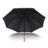 A black umbrella with a wooden handle and a sturdy frame, featuring a logo on the fabric.
