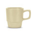 A stackable coffee mug in a creamy beige colour, featuring a textured base and a simple handle, with a logo.