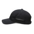 A black sports cap featuring a mesh panel and a logo. The cap has a curved brim and an adjustable strap.