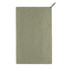 A lightweight, olive green cooling towel with a textured surface and a branded tag at the top.