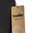 A black rapid dry towel with a tag featuring a logo and mountain design.