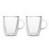 A set of two clear glass double wall mugs with handles. Each mug features a sleek, minimalist design.