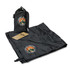 A black camping blanket laid out, with a matching carry pouch and a logo displayed on both items.