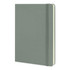 A large, hard cover notebook in a muted green colour, featuring an elastic closure and a simple design.