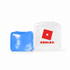A blue jelly cube sensory toy inside a clear container with a red logo on the lid.