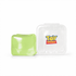 A green jelly cube sensory toy next to a clear container featuring a logo.