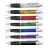 A set of plastic pens in various colours including clear, orange, red, green, blue, and purple, each with a silver trim and logo.