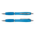 A translucent blue plastic pen with silver accents, featuring a clip and a retractable design.