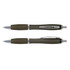 A translucent plastic pen in olive green, featuring silver accents and a clip. The image displays two views of the pen.