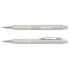 A silver metal pen with a sleek design and chrome accents. The pen has a branding logo on its body.