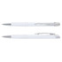 A white metal pen featuring a textured grip and chrome accents, displayed from two angles. It has a logo on the body.