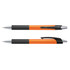 A pen with an orange barrel, black grip, and chrome accents, featuring a logo on its side.