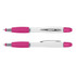 A multi-function pen with a white body and vibrant pink rubber grips. It features a silver clip and accents.