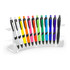 A display stand containing twelve pens in various colours, including black, blue, green, yellow, pink, and white.