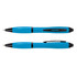 A blue stylus pen with a black tip and accents, featuring both a ballpoint and stylus end.